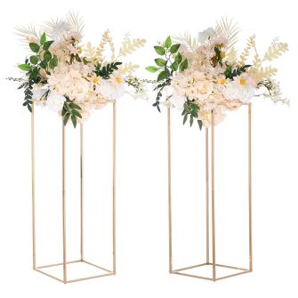 VEVOR 2PCS 31.5inch High Wedding Flower Stand, Metal Vase Column Geometric Centerpiece Stands, Gold Rectangular Floral Display Rack for T-Stage Events Reception, Party Decoration Home