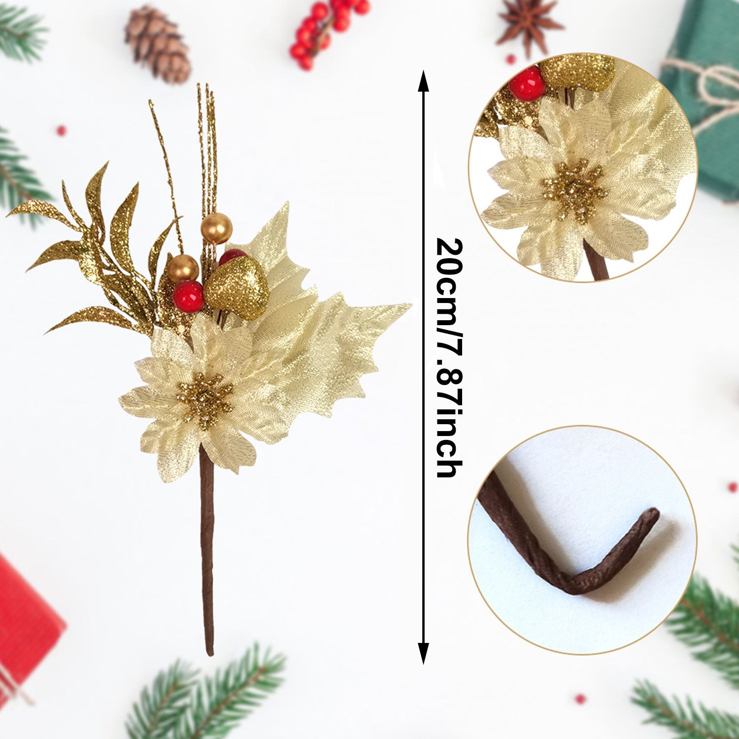 5PCS Artificial Berry Picks Branches Golden Christmas Flower Arrangement DIY Crafts Christmas Flower Wreath Fake Tree Stems Pick Decor for Christmas Birthday Wedding Party Decoration Supplies