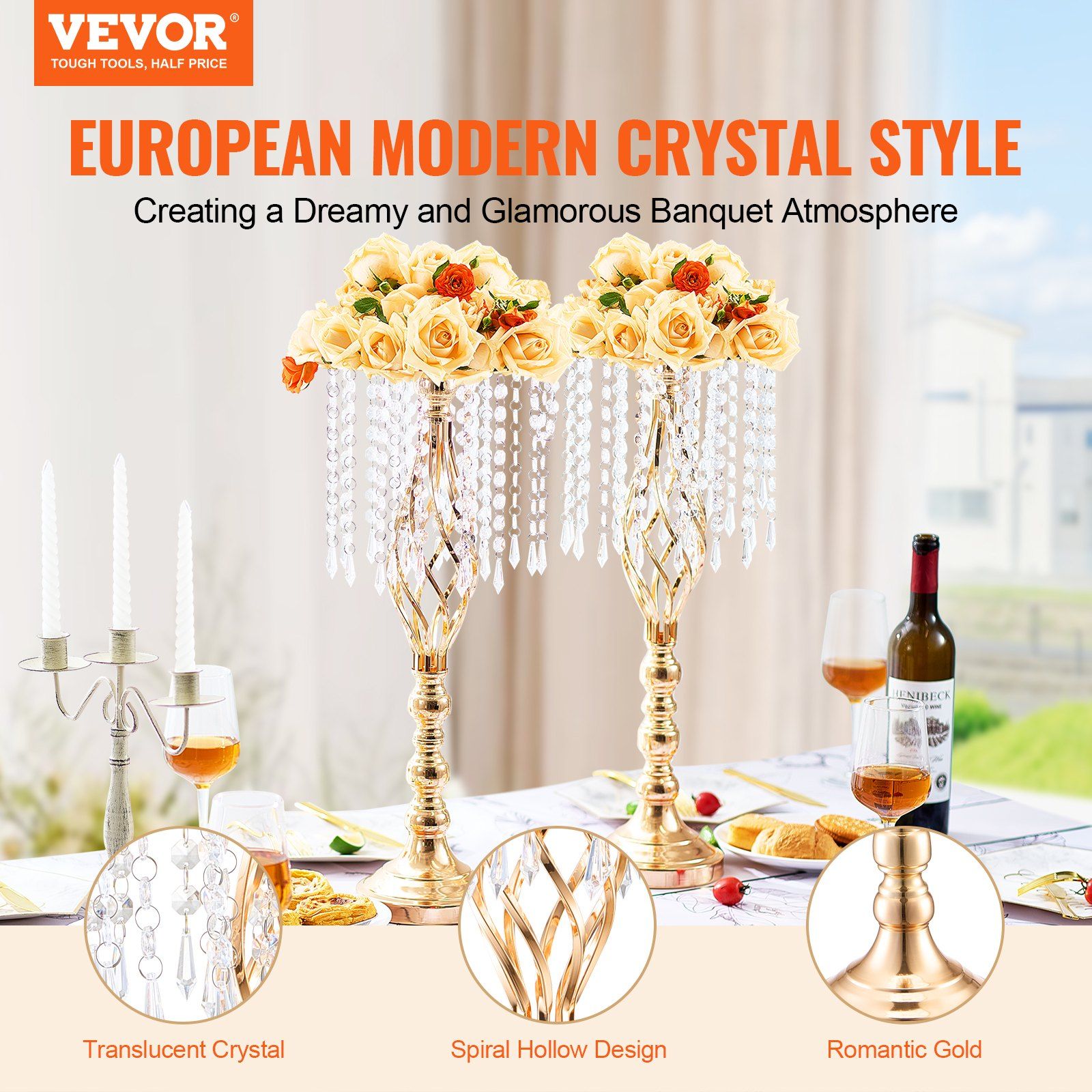 VEVOR 2PCS 55cm/21.65' Tall Crystal Wedding Flower Stand Vase for Party Decor